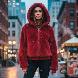 Youth Cropped Teddy Sherpa Zip Hoodie Jacket Red Forever 21 Cozy Winter Size M